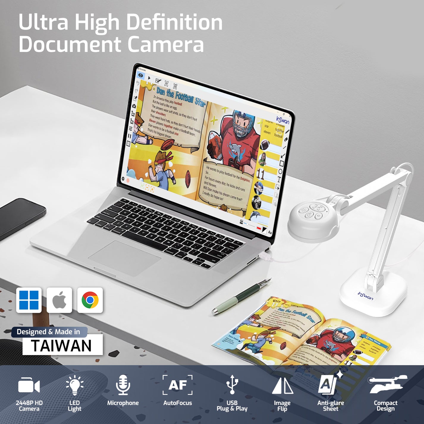 INSWAN INS-1 Visualiseur/Caméra de Document USB - autofocus, éclairage LED, Microphone, conférences Web, Cours à Distance, pour Windows, Mac, Chromebook INSWAN INS-1 Visualiseur/Caméra de Document USB - autofocus, éclairage LED, Microphone, conférences Web, Cours à Distance, pour Windows, Mac, Chromebook